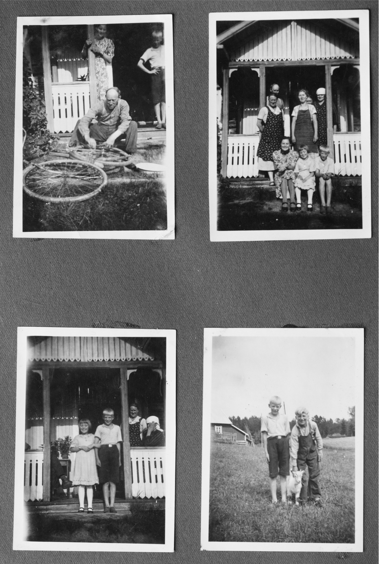 Fra far og mors fotoalbum. Stemingsbilder fra Ranum.  Johan lapper et sykkelslange. Min mor, bestemor og fars tante Astrid og andre i familien. "Min" tante Astrid(8-9 år). Bildene er tatt i 1938 eller -39.